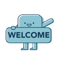 Animation of a waving blob holding a welcome sign