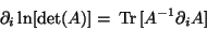 \begin{displaymath}\partial_i \ln [\det(A)] = \,\text{Tr}\,[A^{-1} \partial_i A]
\end{displaymath}