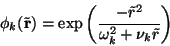 \begin{displaymath}\phi_k(\tilde{{\mathbf r}}) = \exp \left( \frac{ -\tilde{r}^2}{\omega_k^2 + \nu_k \tilde{r}}
\right)
\end{displaymath}