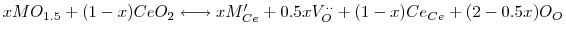 $\displaystyle xMO_{1.5} + (1-x)CeO_2 \longleftrightarrow xM_{Ce}' + 0.5xV_{O}^{\cdot\cdot} + (1-x)Ce_{Ce} + (2-0.5x)O_O$
